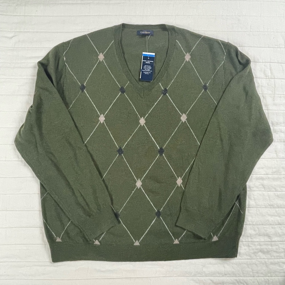 Club Room Merino Wool Olive Green Argyle V-Neck Sweater Men’s XL